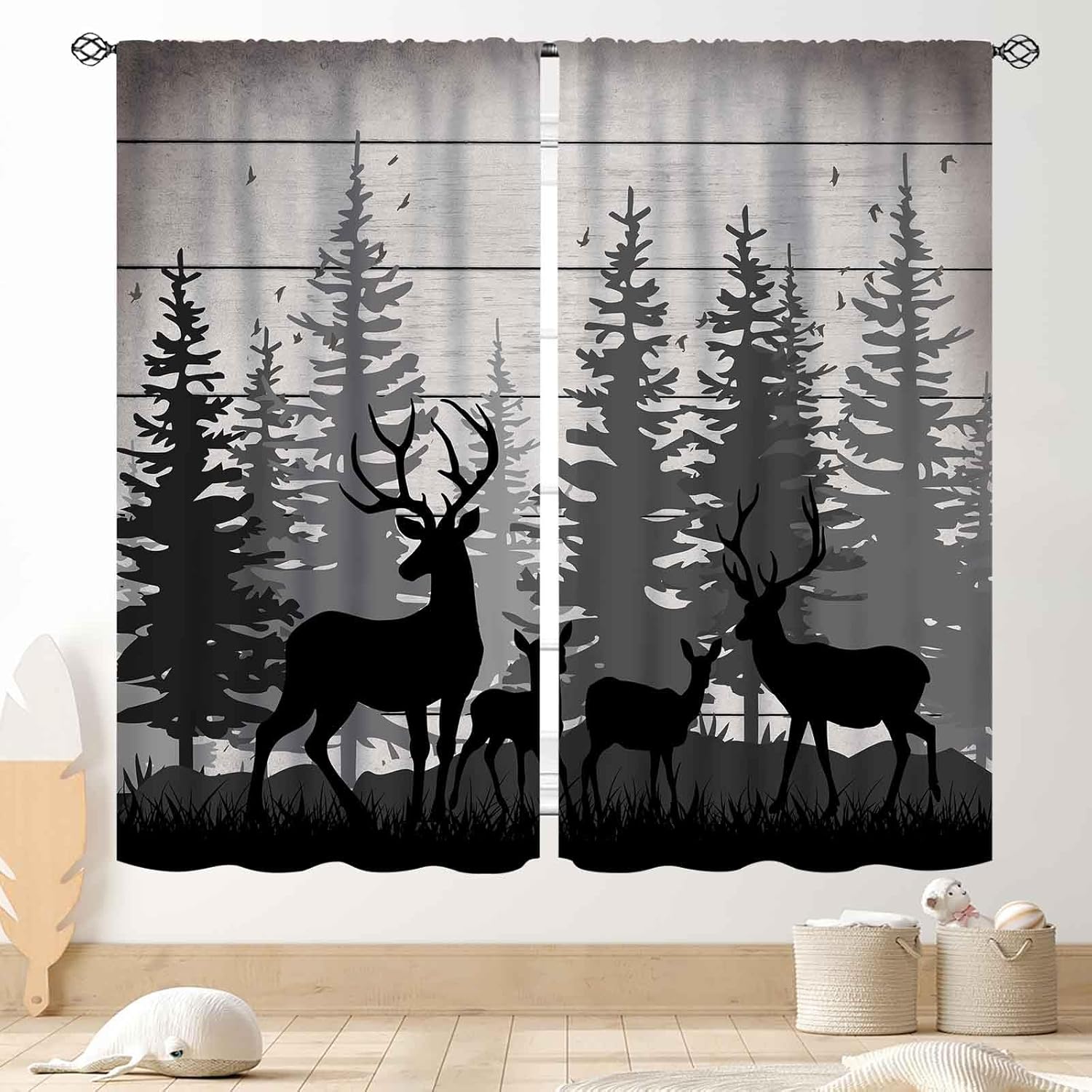 Hunting And Camping In Forest - Rustic Deer Curtains, Farmhouse Forest Cabin