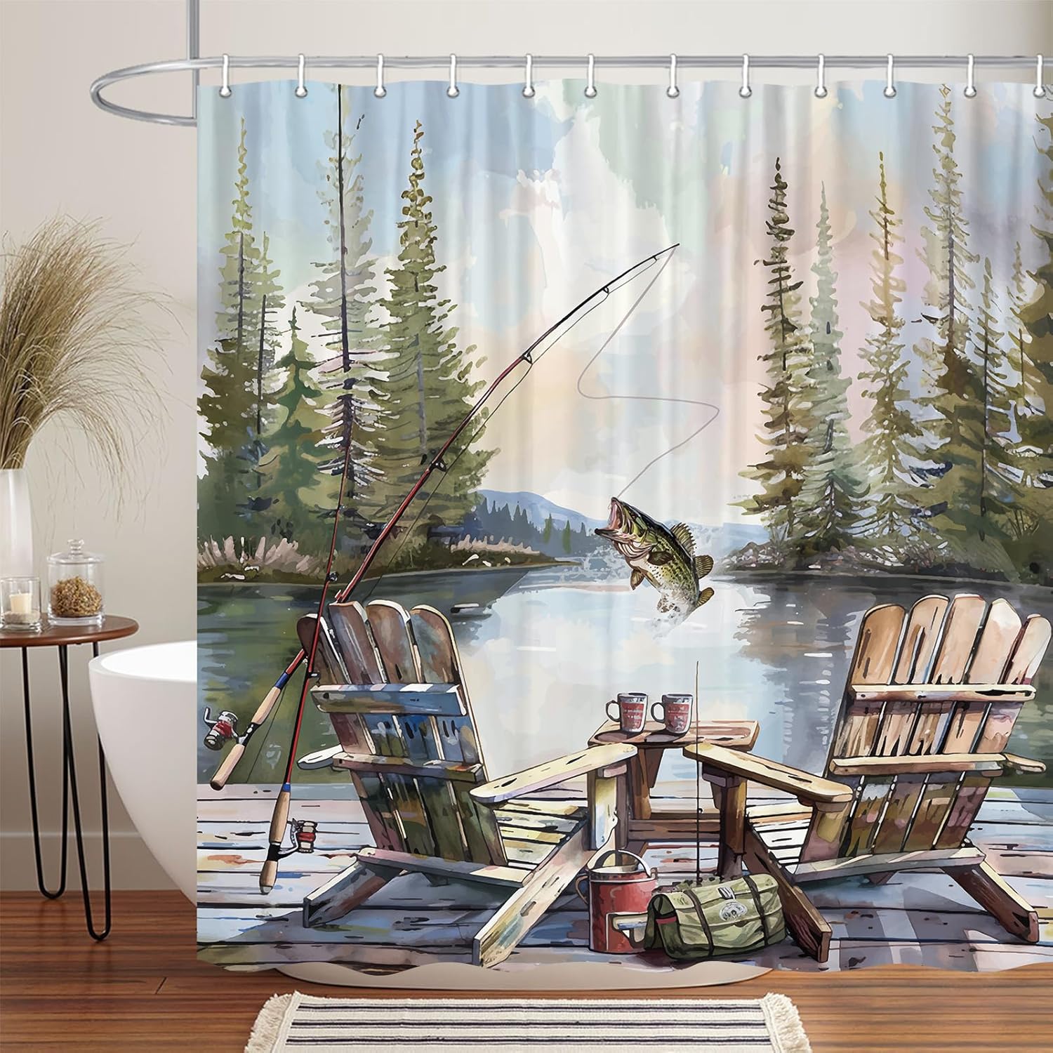 Rustic Fishing Shower Curtain, – обзор и цена Hunting And Camping In Forest