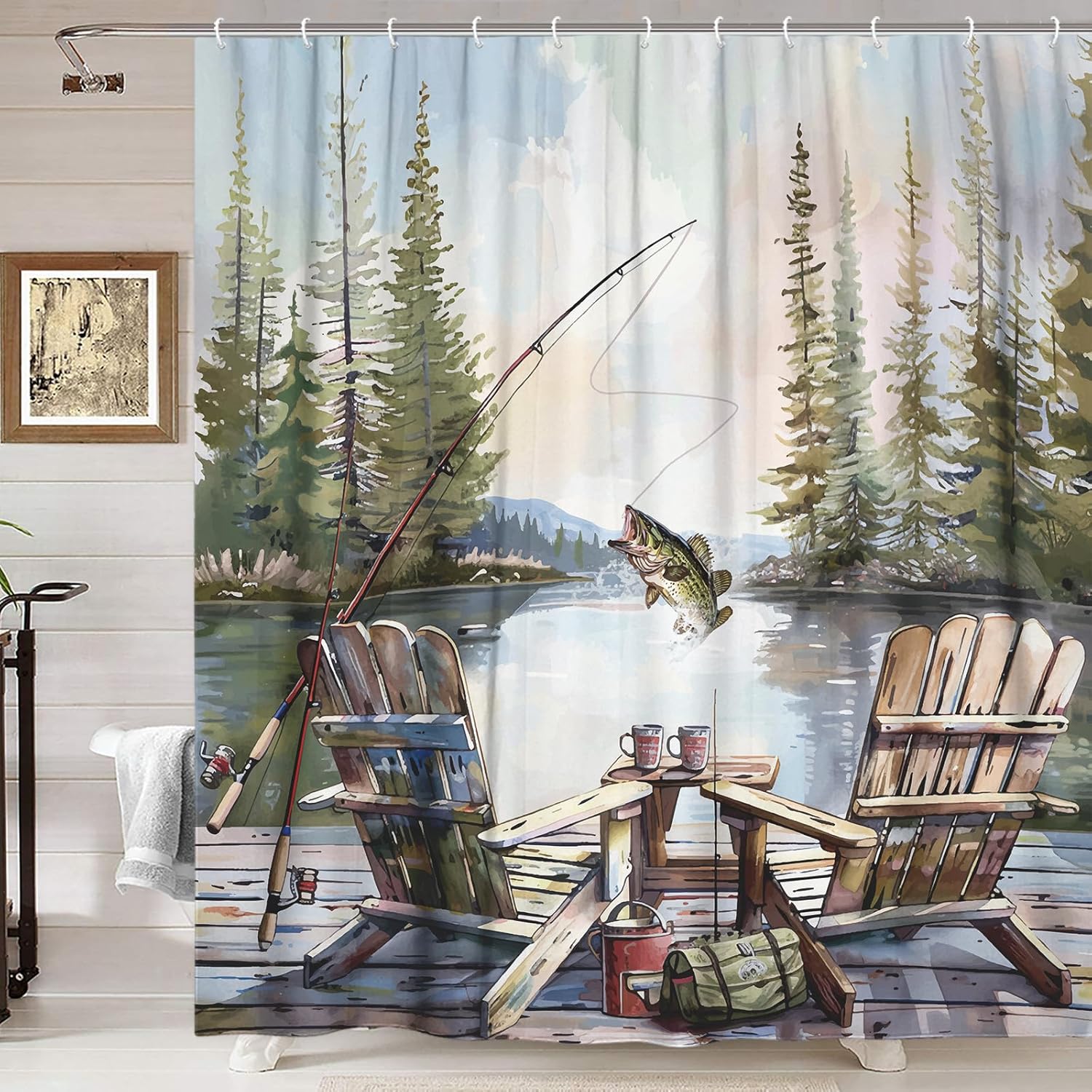 Rustic Fishing Shower Curtain, – обзор и цена Hunting And Camping In Forest