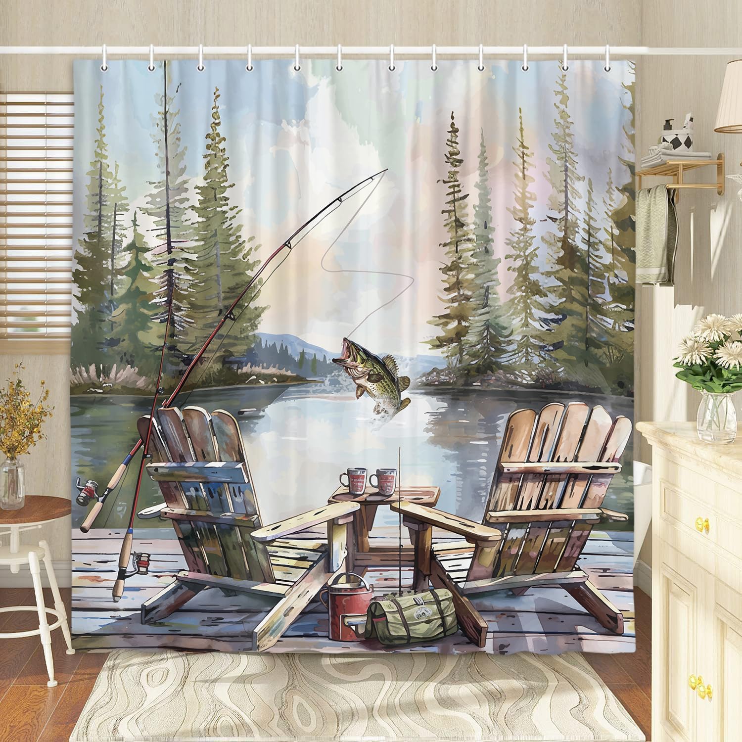 Rustic Fishing Shower Curtain, – обзор и цена Hunting And Camping In Forest