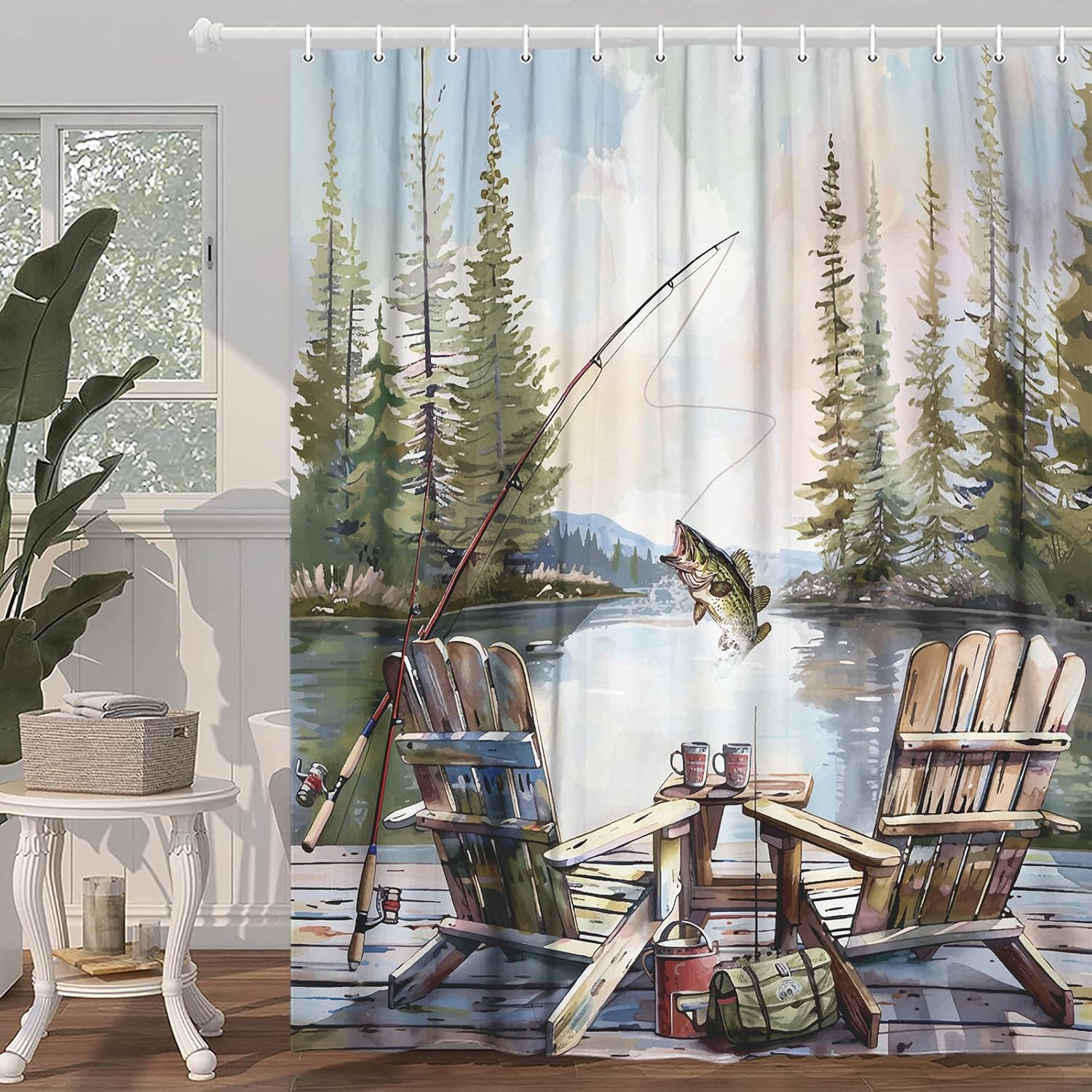 Rustic Fishing Shower Curtain, – обзор и цена Hunting And Camping In Forest