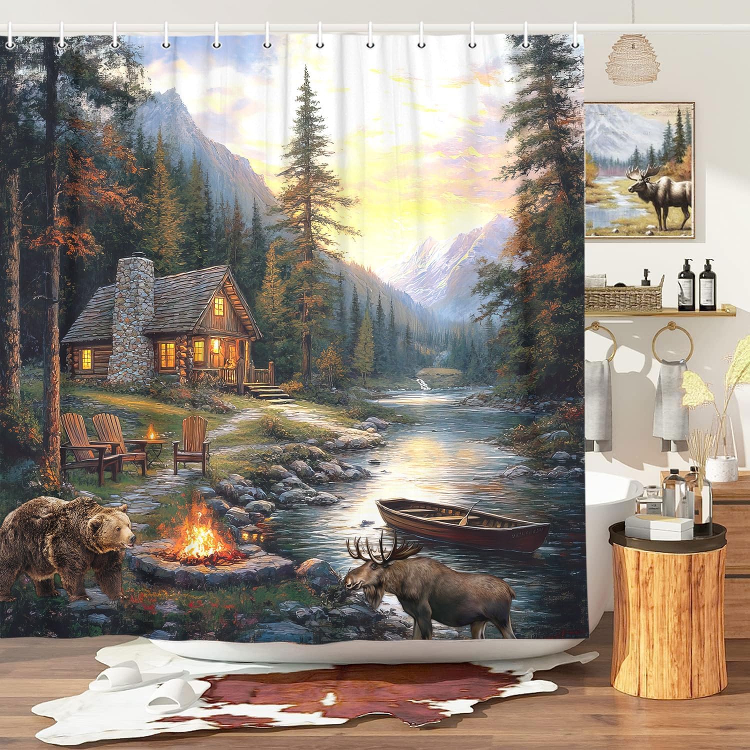 Rustic Cabin Lodge Shower Curt – обзор и цена Hunting And Camping In Forest