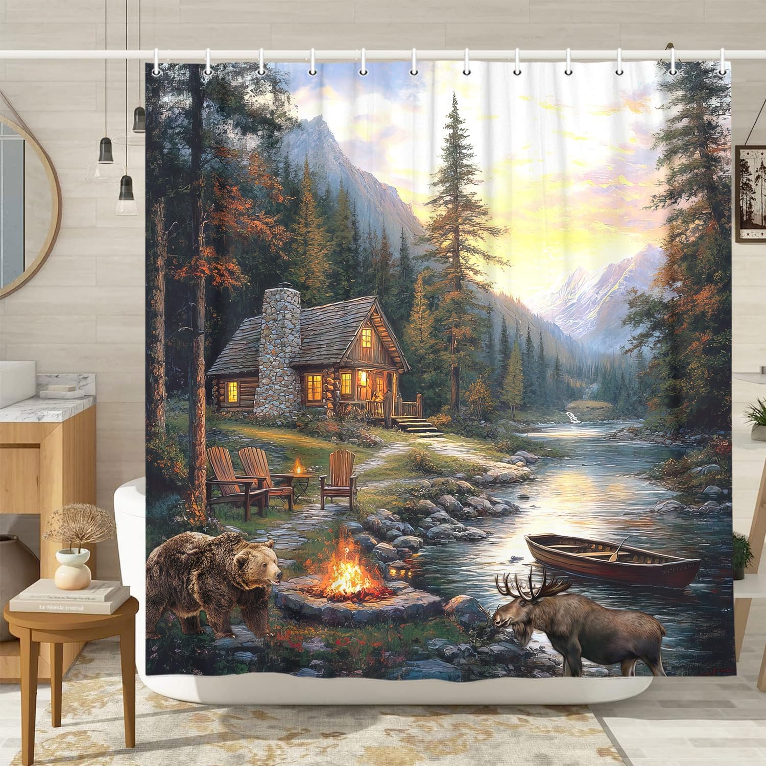 Rustic Cabin Lodge Shower Curt – обзор и цена Hunting And Camping In Forest